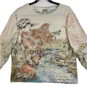 Chico’s Art To Wear Scenic Geisha Print Top Size 3 (XL) Asian Landscape Japan